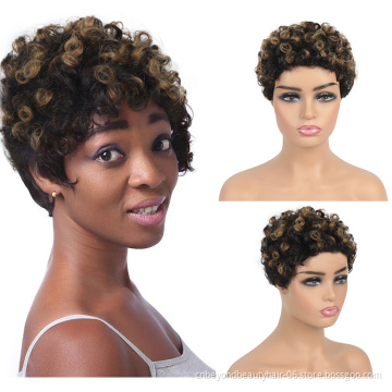 wholesale Burgundy Pixie Cut Short honey Blonde Wig Human Hair blend Wig For Black Women